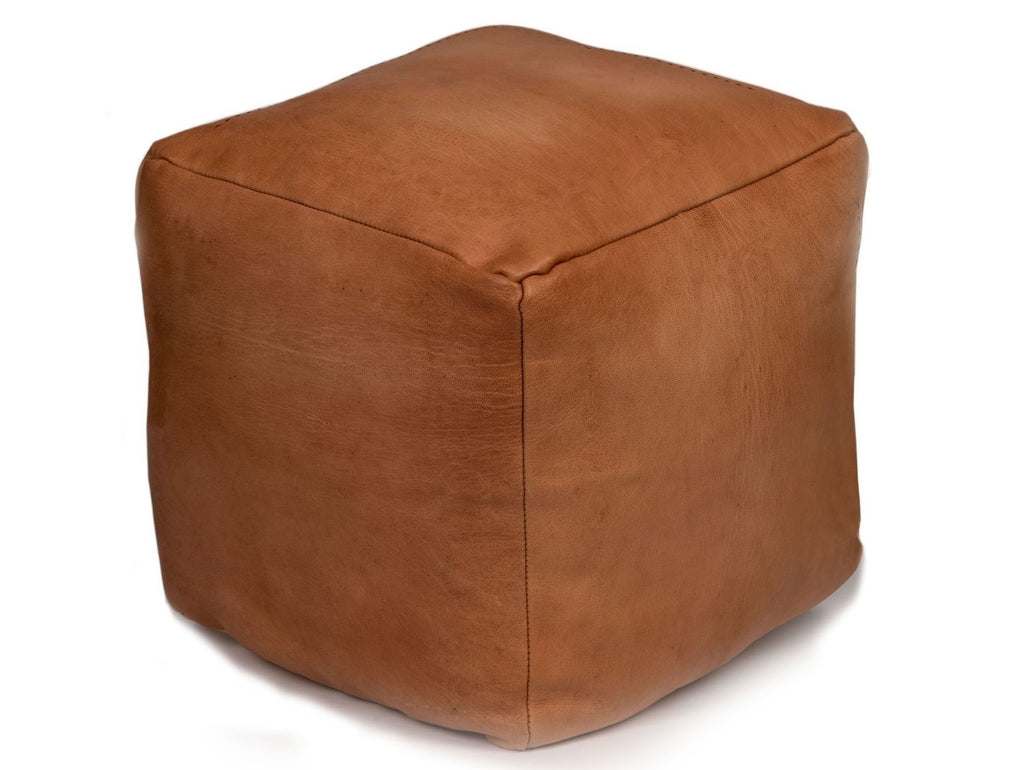Leather Cube Pouf Ottoman, Tan, Stuffed